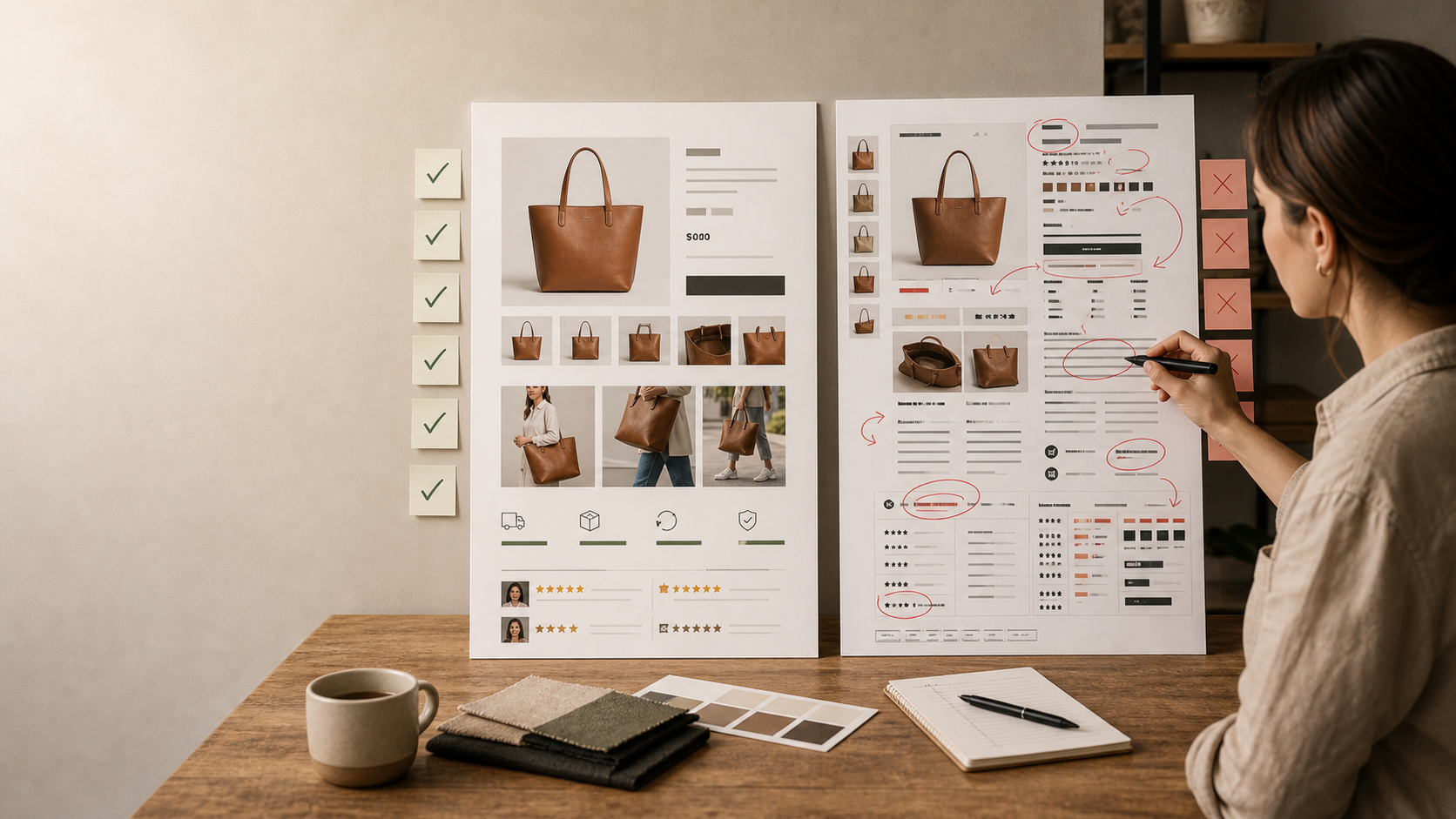 Merchant reviewing a high-performing Shopify product page with notes