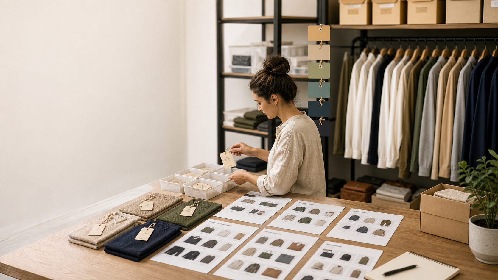 Shopify collection page planning materials on a merchant desk