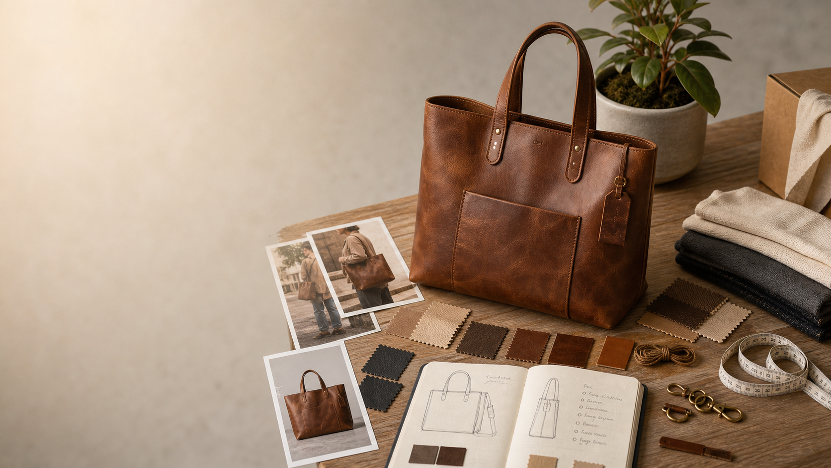 Product context materials and merchant notes arranged beside a Shopify product page