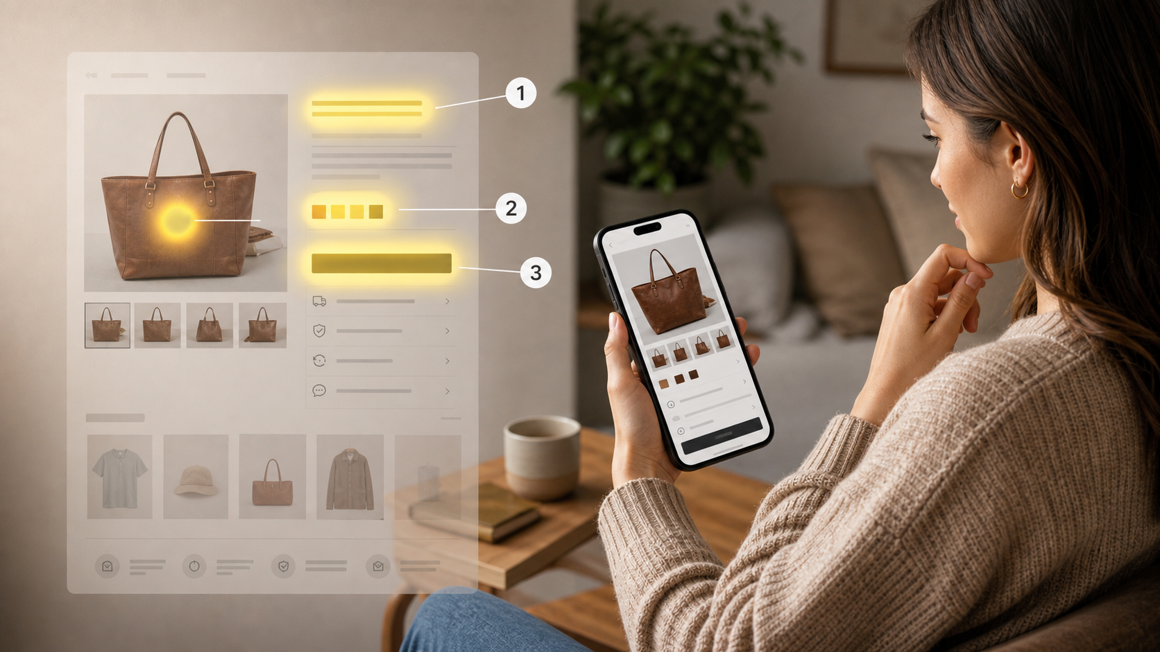 Buyer scanning the key elements of a product page in priority order