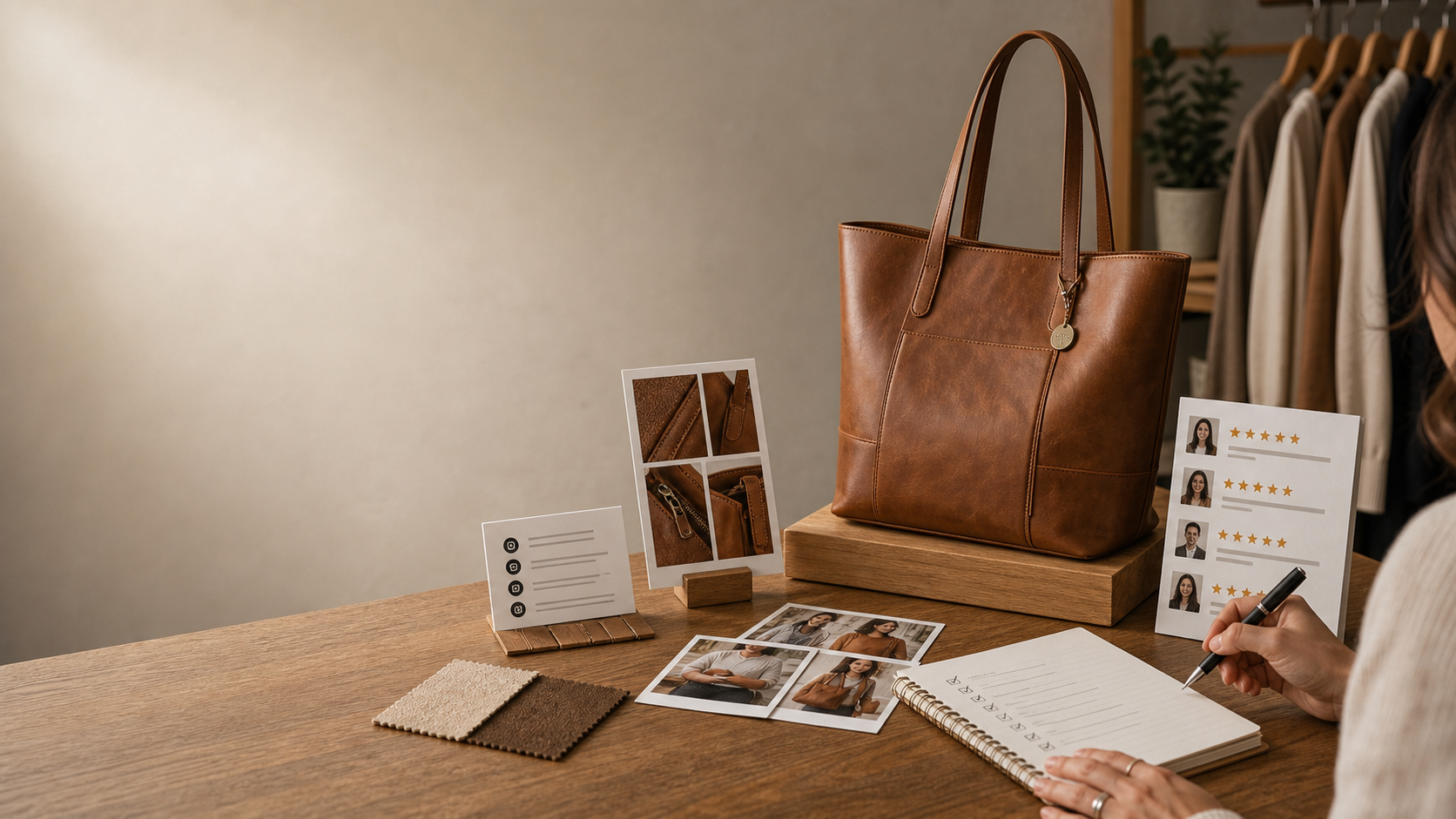 Shopper comparing product details and review proof on a retail display