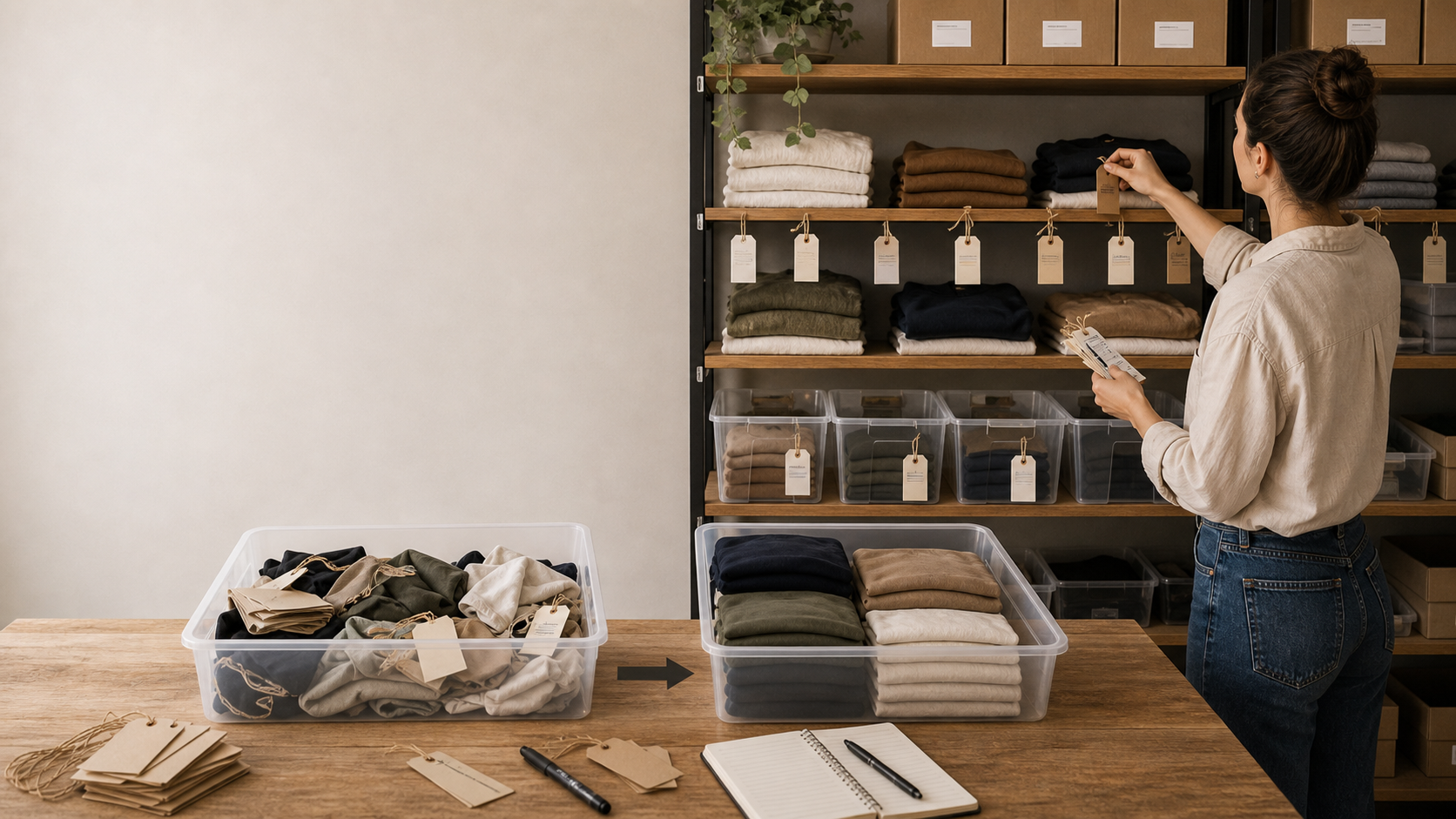 Merchandiser organizing product names and labels for a Shopify catalog